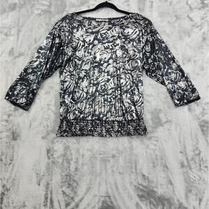 Vintage Jeri Marque Top Womens M Black Silver Floral 3/4 Sleeve Smocked Waist‎